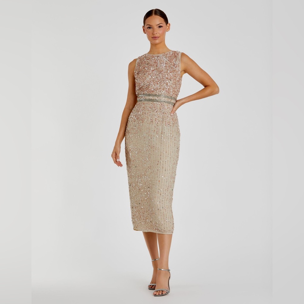 Mac Duggal Nude Sleeveless High Neck Beaded Midi Sheath Dress, size 14 NWT